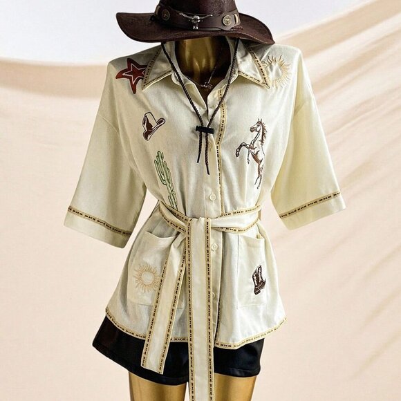 White Casual Women's Western Embroidered detailed belted button down top - Picture 8 of 8